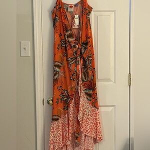 FARM Rio Vibrant Orange Floral High Low Coverup/dress with pockets